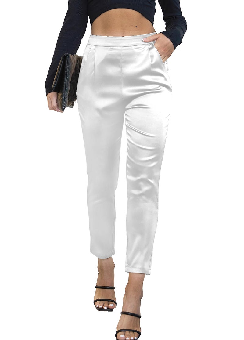 heipeiwa Women's Satin Pants Dress Casual Pleated Pull on High Waist Pants Baggy Front Tapered Trouser White - Image 1